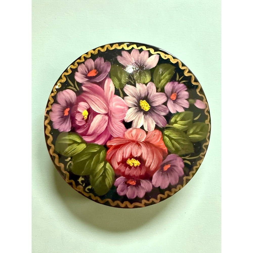Vintage Hand Painted Russian Lacquer Floral Brooch Pin Black Gold Pink Purple